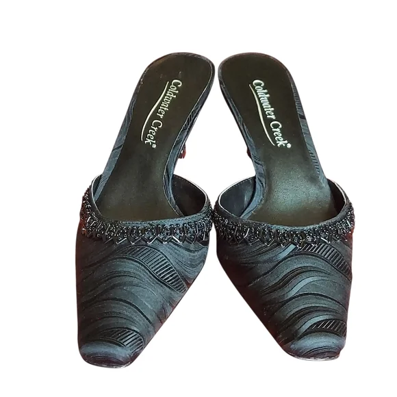 Coldwater Creek Womens Black Textured Fabric Sequin Kitten Heel Mules Holidays - Picture 2 of 15
